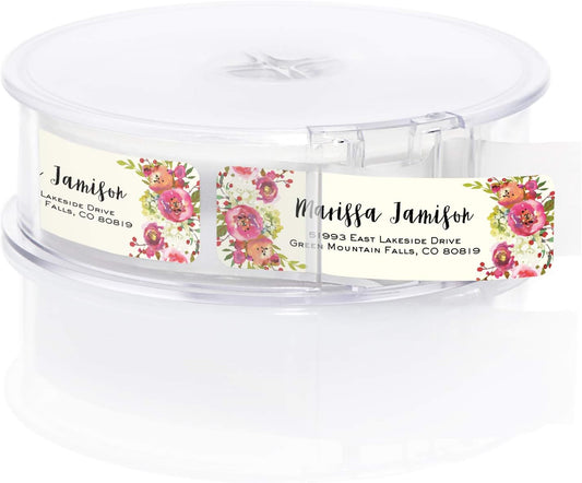 Vibrant Floral and Ivory Rolled Address Labels/Roll of 500 Personalized Address Labels/Designer Return Address Stickers in Elegant Plastic Dispenser