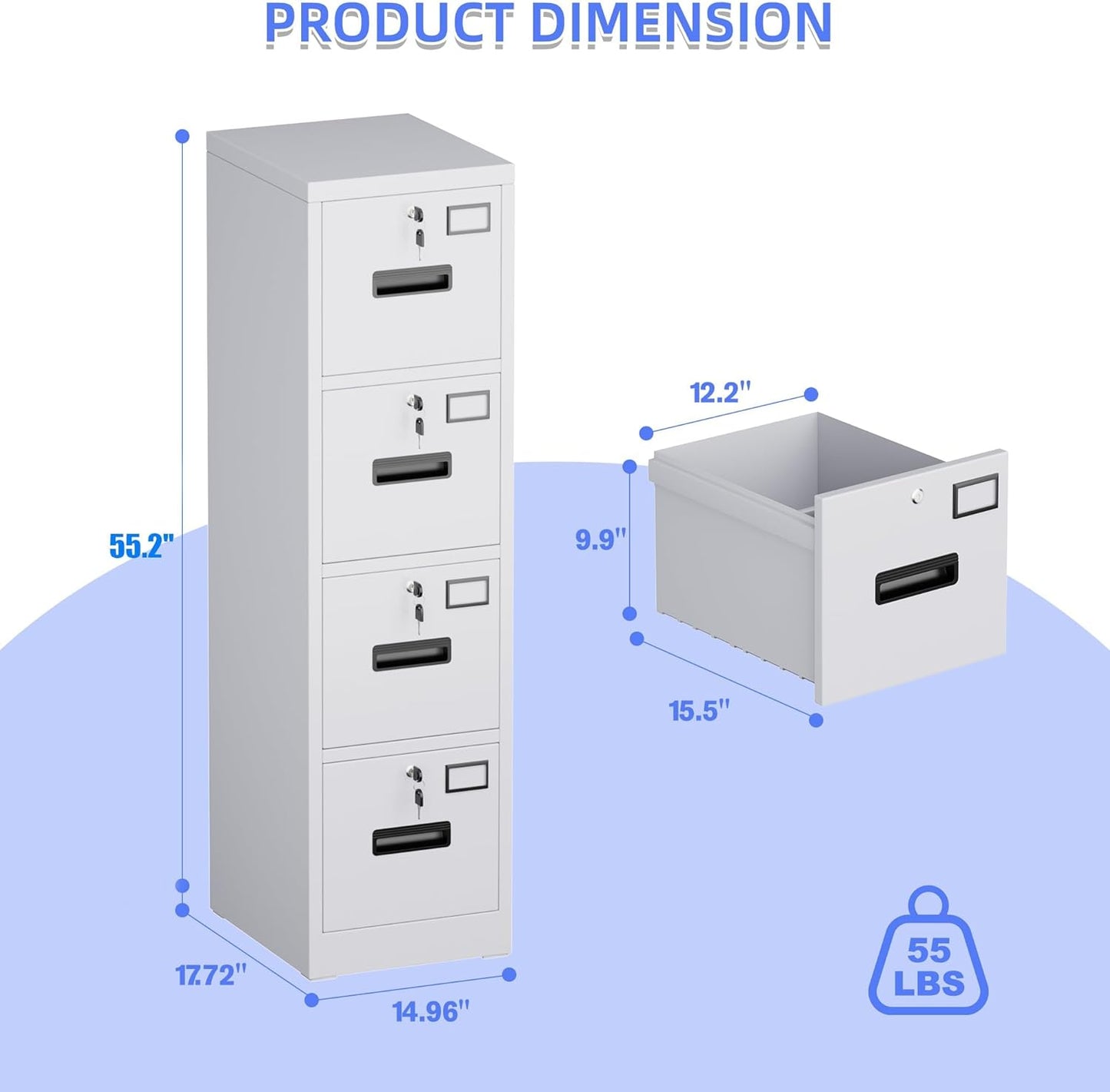 4 Drawer File Cabinet, Metal Vertical File Storage Cabinet with Lock, Office Home Steel Vertical File Cabinet for A4 Letter/Legal Size, 14.96" W x 17.72" D x 55.2" H, Assembly Required