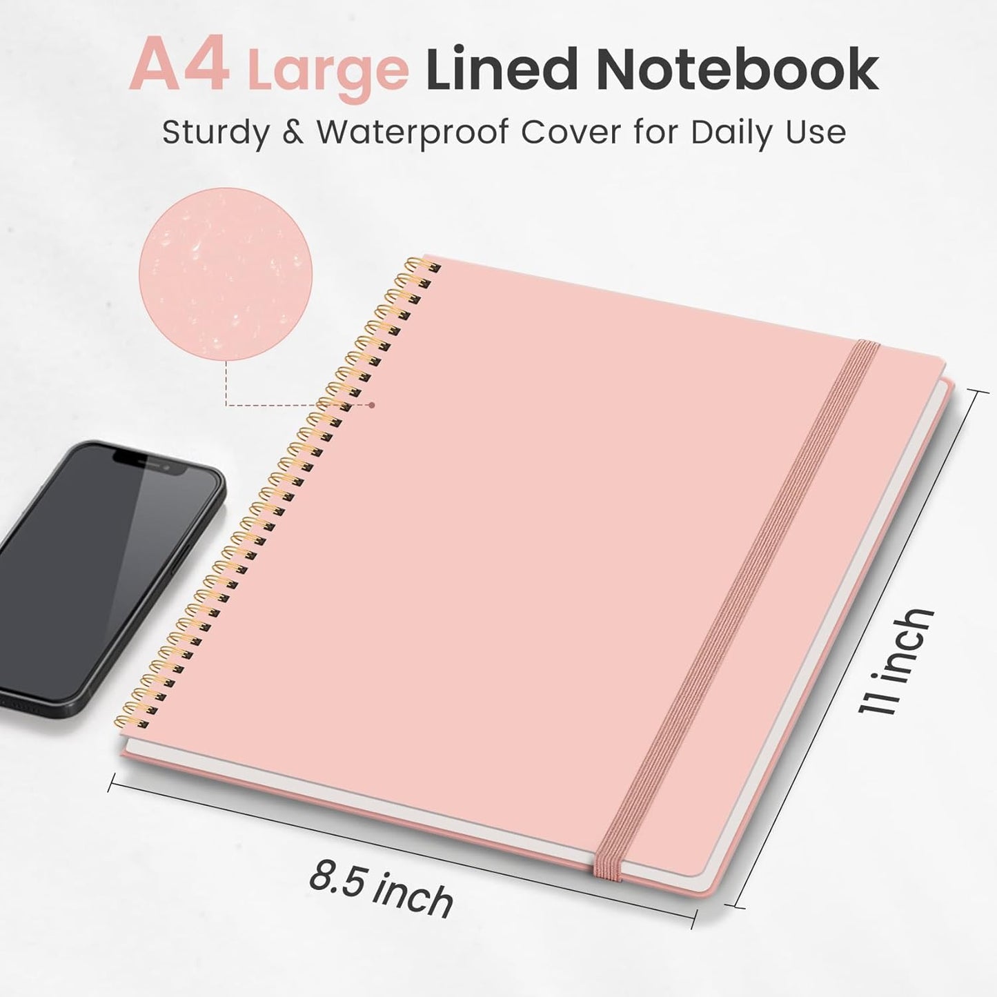 Taja Spiral Lined Notebook, 8.5"x11" Notebooks for Work, Large A4 Journal for Women & Men, College Ruled Journaling Notebook for Writing, Plastic Cover Spiral Journal, Pink