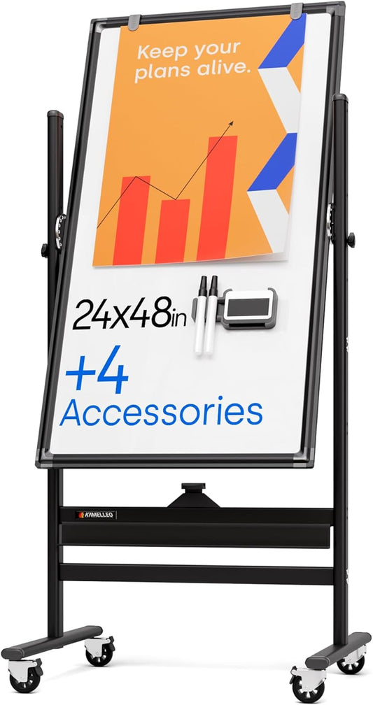 Rolling Dry Erase Board 24 x 48 - Large Portable Magnetic Whiteboard with Stand - Double Sided Easel Style Whiteboard with Wheels - Mobile Standing White Board for Office, Classroom & Home