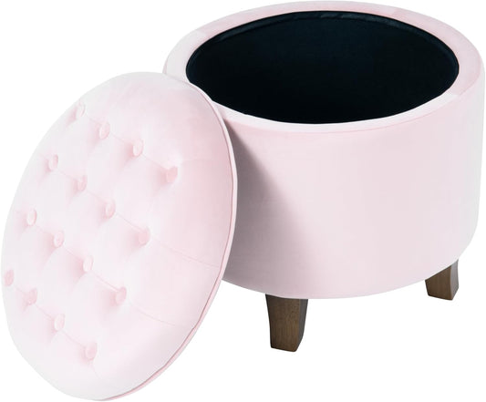 HomePop by Kinfine Fabric Upholstered Round Storage Ottoman - Velvet Button Tufted Ottoman with Removable Lid, Pink, Small