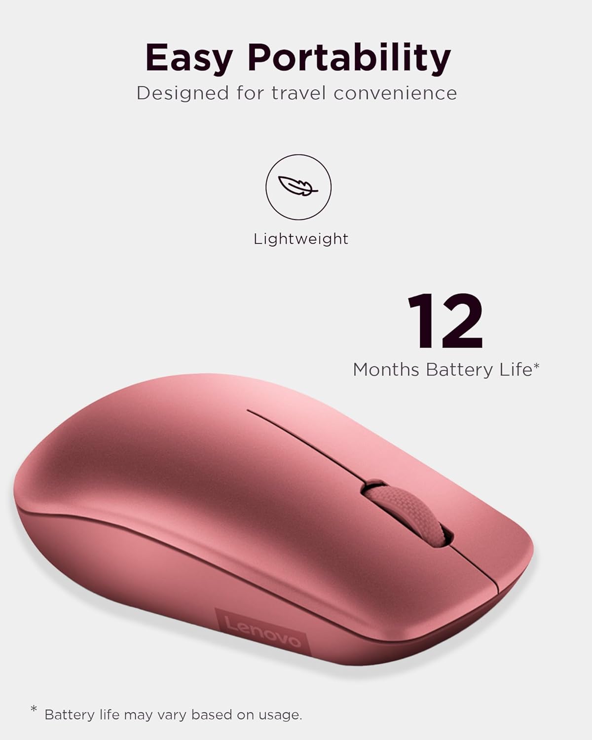 Lenovo 530 Full Size Wireless Computer Mouse for PC, Laptop, Computer with Windows - 2.4 GHz Nano USB Receiver - Ambidextrous Design - 12 Months Battery Life - Cherry Red
