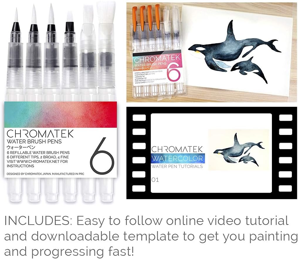 Chromatek AquaPens. Set of 6 Refillable Aqua Watercolor Brushes with Nylon Tips. Easy Water Brush Pens for Painting. Blending & Calligraphy. Includes Online Video Tutorials & Templates