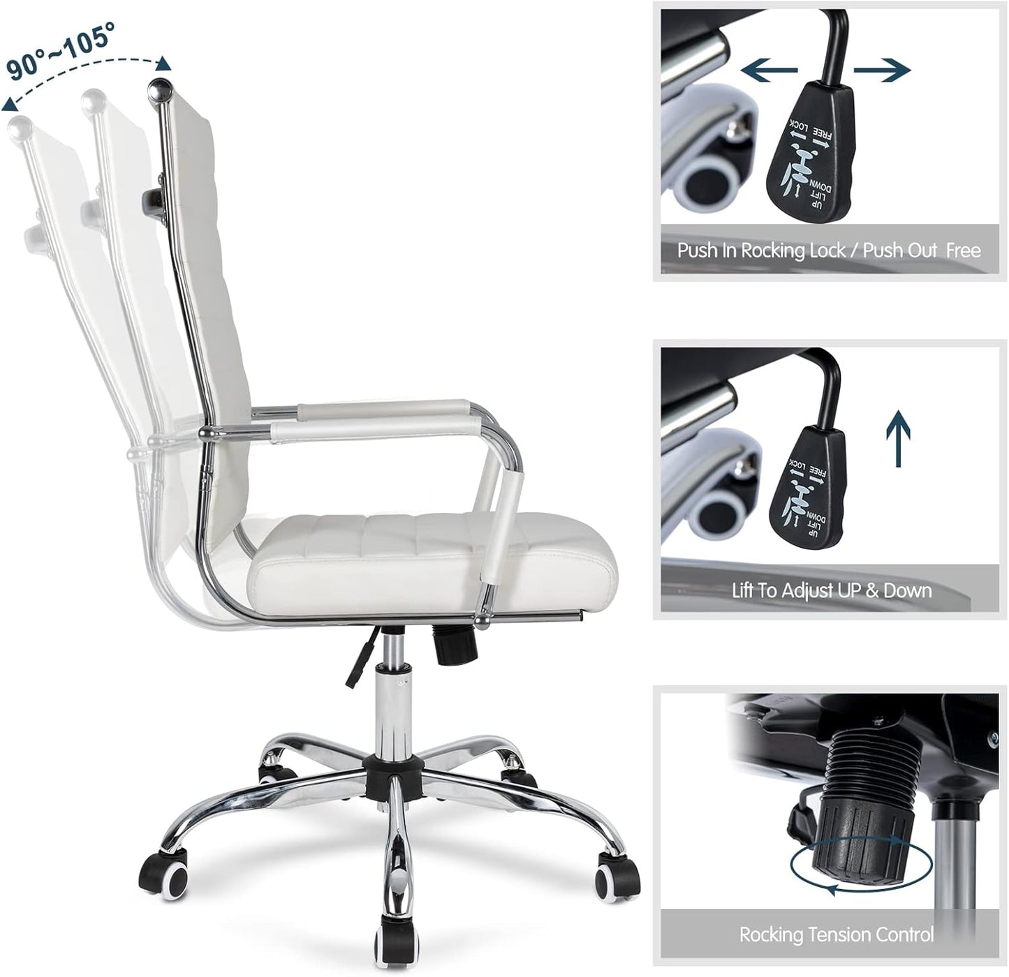 Home Office Chair Ribbed, Modern Leather Conference Room Chairs, Ergonomic Office Desk Chair, High Back Executive Computer Chair, Adjustable Swivel Chair with Arms (White)