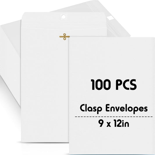 Geyee 100 Pcs Clasp Manilla Envelopes 9 x 12 Inch Gummed Colored Envelopes for Storing or Mailing for Home Office Business Supplies(White)