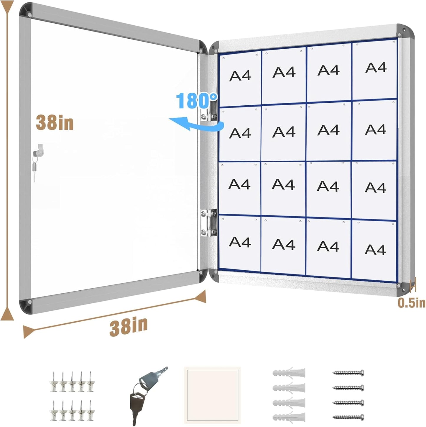 38"x38" Enclosed Bulletin Board, Lockable Weather-Resistant Aluminum Cork Noticeboard for School & Office, Silver Frame w/Blue Flet