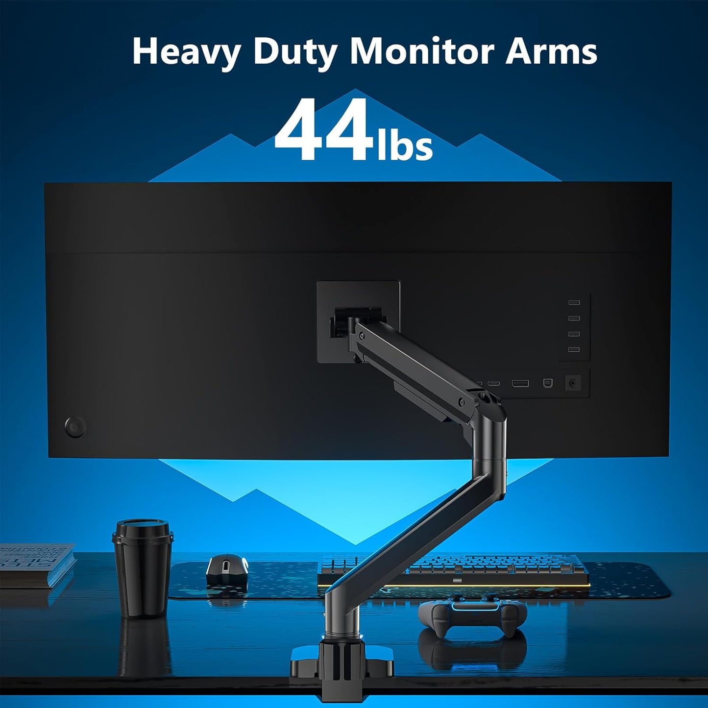 WALI Single Monitor Gas Spring Desk Mount, Heavy Duty Monitor Arm for Ultrawide Screen up to 49 inch, 44 lbs with USB. Fully Adjustable, Mounting Holes 75 and 100 (GSMU001XL), Black