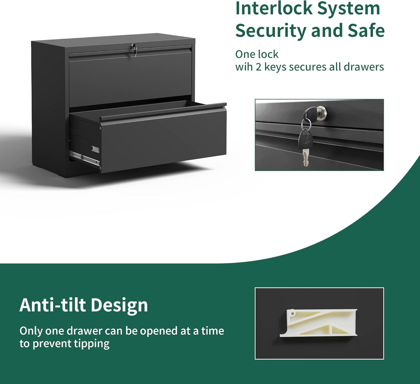 2 Drawer Lateral File Cabinet, Metal File Cabinets for Home Office Legal/Letter A4 Size, File Cabinet with 2 Drawer Storage Cabinet, Require Assembly, Black