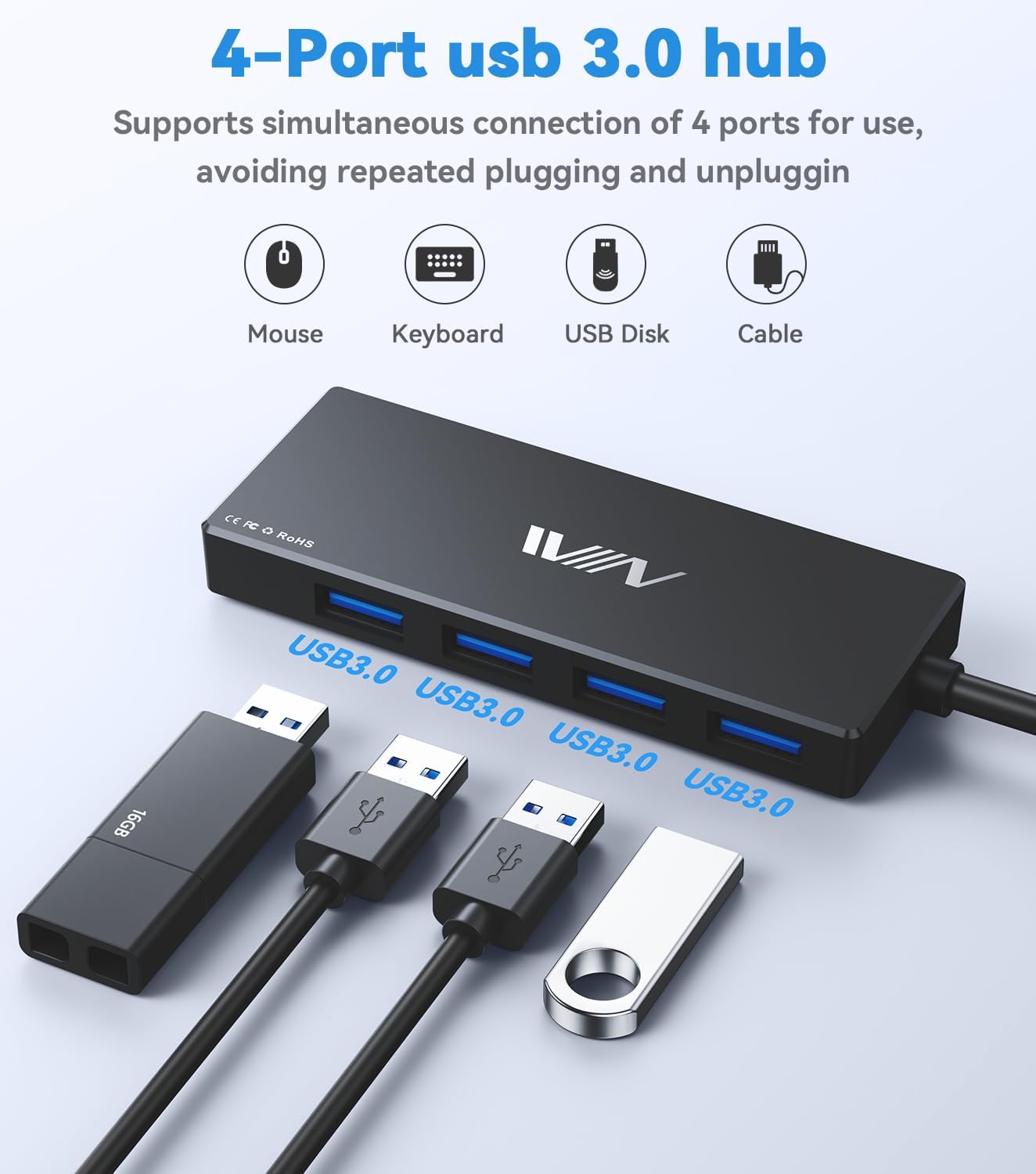 USB 3.0 Hub,4 Port USB Splitter Extender Portable Adapter Multiport Data Hub for Laptop,Xbox, Flash Drive,HDD,Console,Camera,Keyborad,Mouse Windows,Mac OS PC,Not Designed to Charge Devices-Black