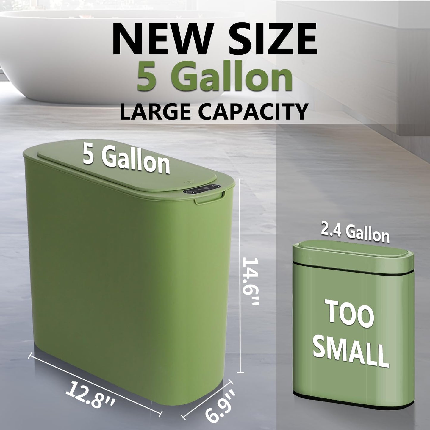 5 Gallon Motion Senor Bathroom Trash Can with Lid, Automatic Garbage Can Touchless, Smart Plastic Waste Basket for Narrow Spaces, Bathroom, Office, Bedroom, Living Room (Green)