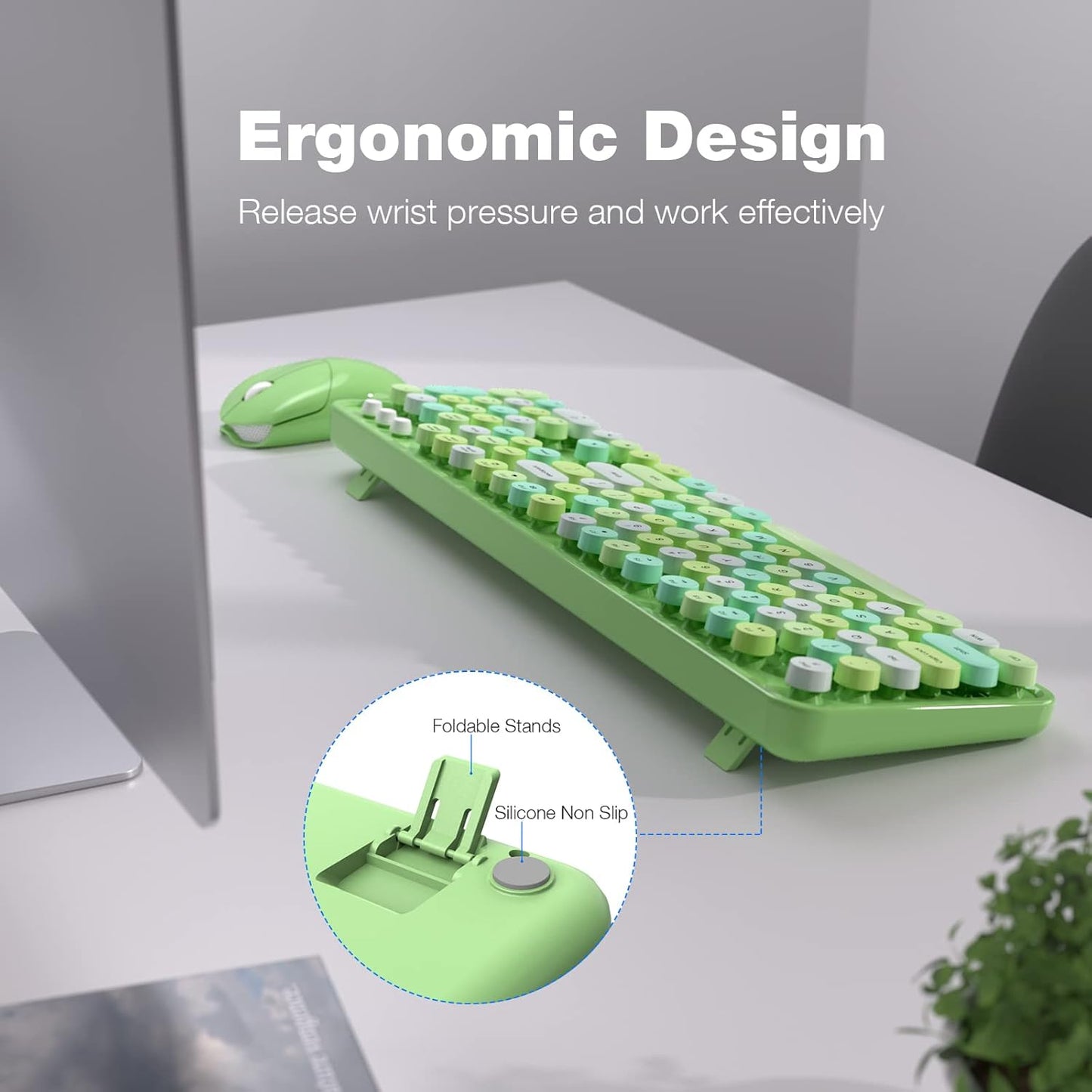 MOFII Wireless Keyboard and Mouse Combo, 2.4GHz Retro Full Size Typewriter Keyboard with Number Pad & Wireless Mouse for Laptop, PC, Desktop, Mac, Windows - Green Colorful