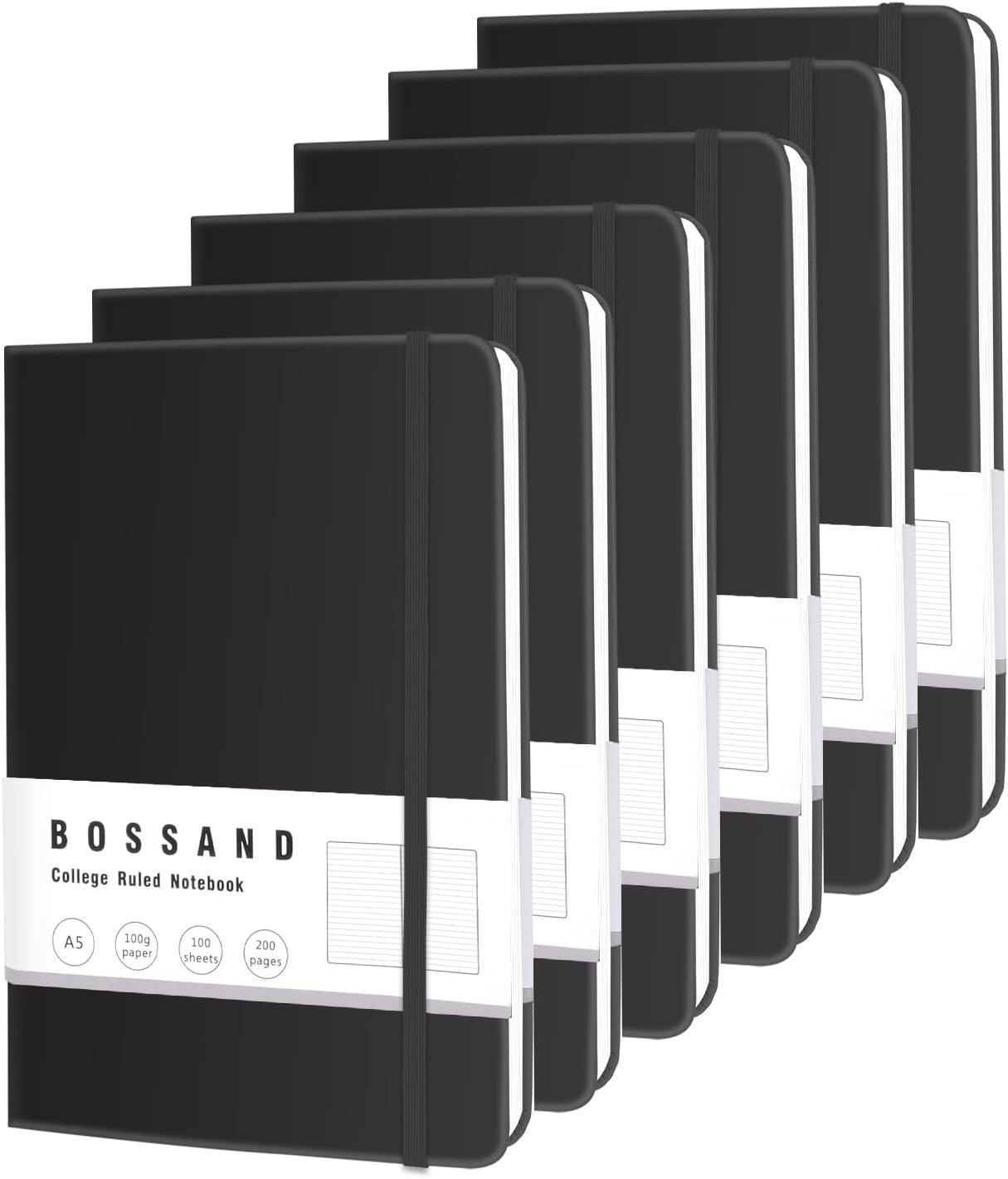 BOSSAND Lined Journal Notebooks, 6 Pack A5 Journals for Writing, 200 Pages 100 GSM Thick College Ruled Paper, Hardcover, 8.25 inches x 5.75 inches, Black