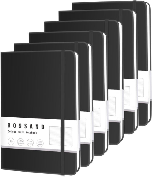 BOSSAND Lined Journal Notebooks, 6 Pack A5 Journals for Writing, 200 Pages 100 GSM Thick College Ruled Paper, Hardcover, 8.25 inches x 5.75 inches, Black