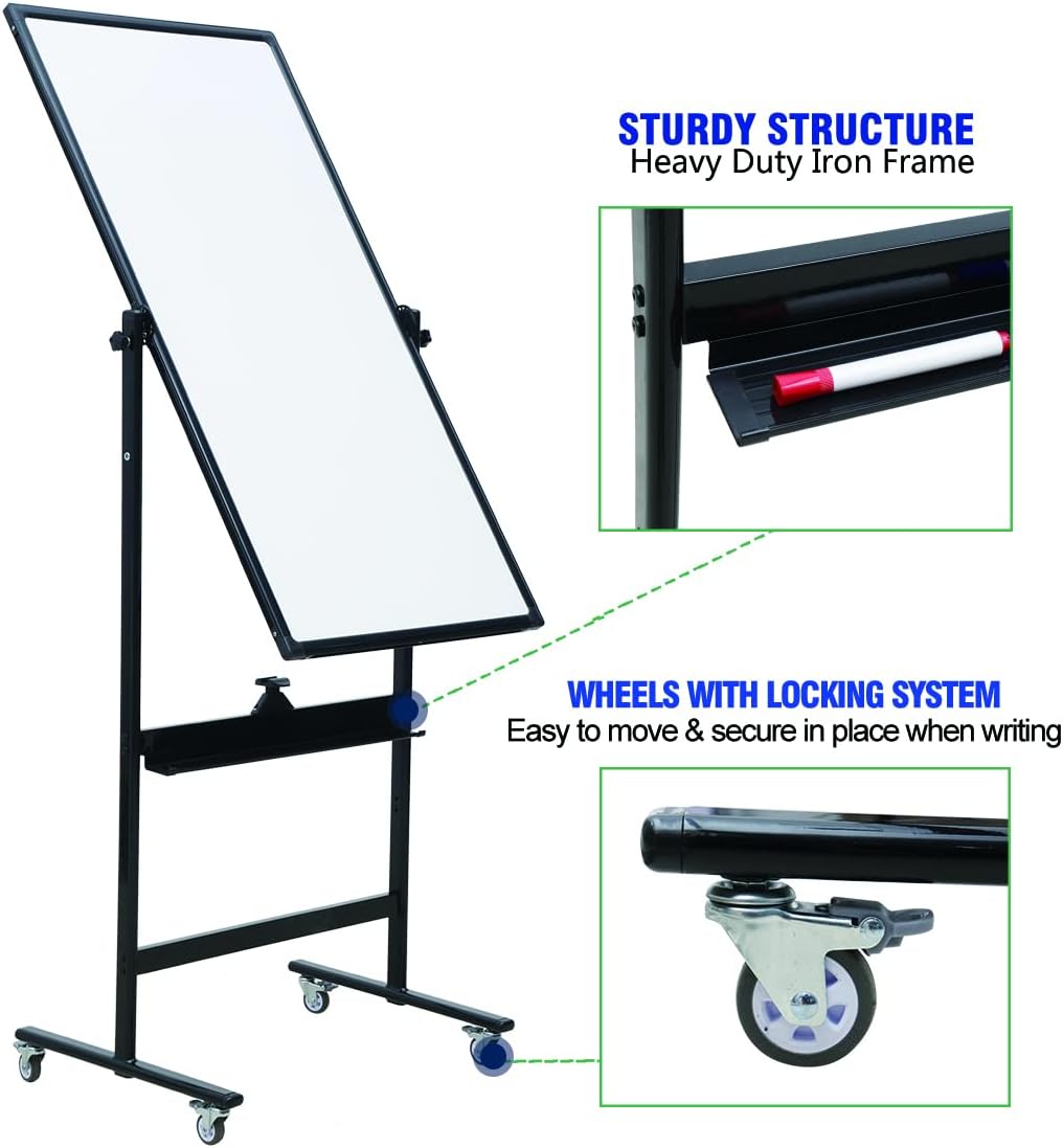48" x 24" Magnetic Mobile Whiteboard - 360° Reversible Double-Sided Dry Erase Board with Wheels, Portable Standing Whiteboard Easel for Office & Classroom - Includes 6 Markers + 1 Eraser