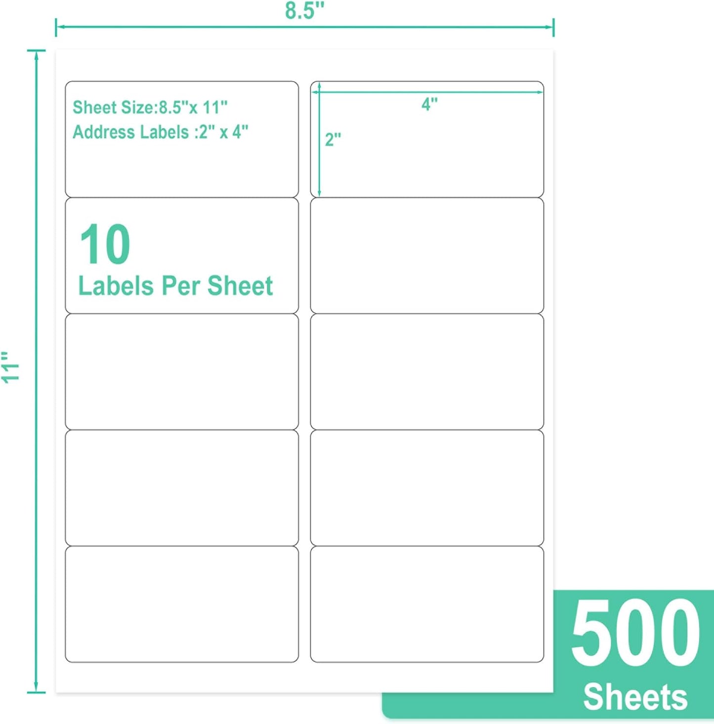 L LIKED 2" x 4" Label Stickers, Printable White 500 Sheets for Laser/Inkjet Printing - Matte White, 10 per Sheets (5000 Labels)