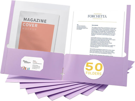 Zzrywuty File Folders with Pockets Letter Size, 50-Pack Paper Folders with Card Slot, Two Pocket Folders for School Students, Businessmen, Home and Office Workers（Purple）