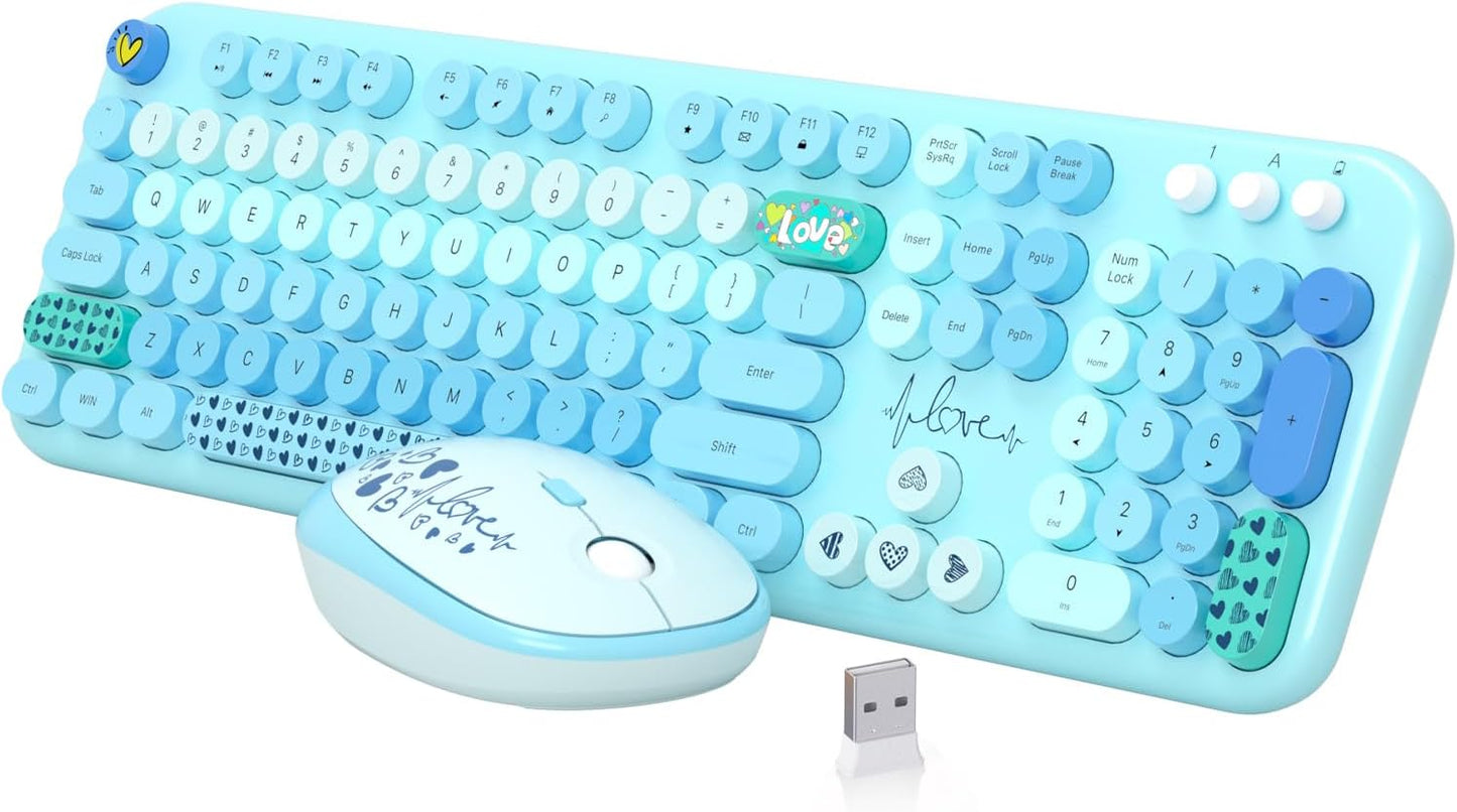 Wireless Keyboard Mouse Combo, MOFII 104 Round Keys Lovely Full-Size Cute Colorful Keyboard and Mouse with Retro Typewriter for PC/Mac/Laptop/Tablet/Computer/Windows Blue