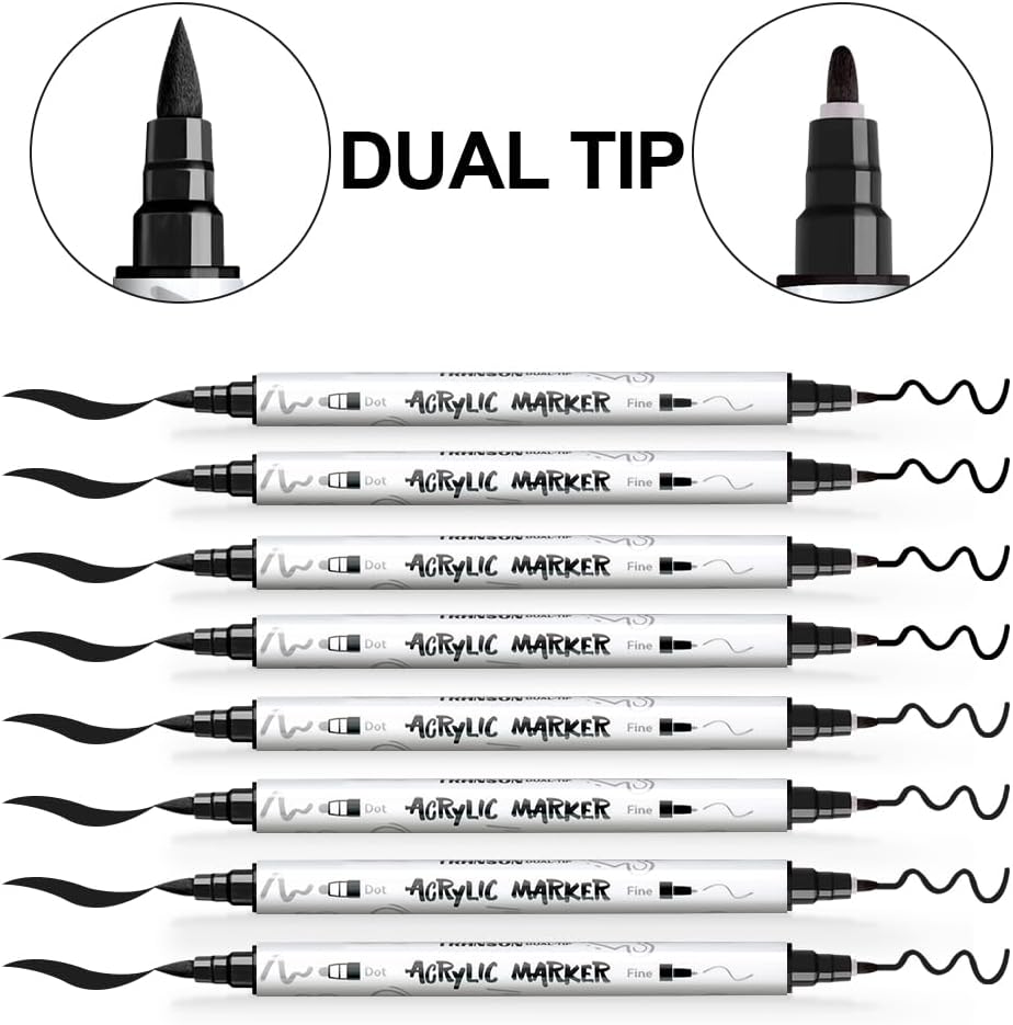 TRANSON 8 Pack Black Brush and Fine Dual-tip Acrylic Paint Marker for DIY Glass Canvas Wood Leather Ceramic Rock Painting