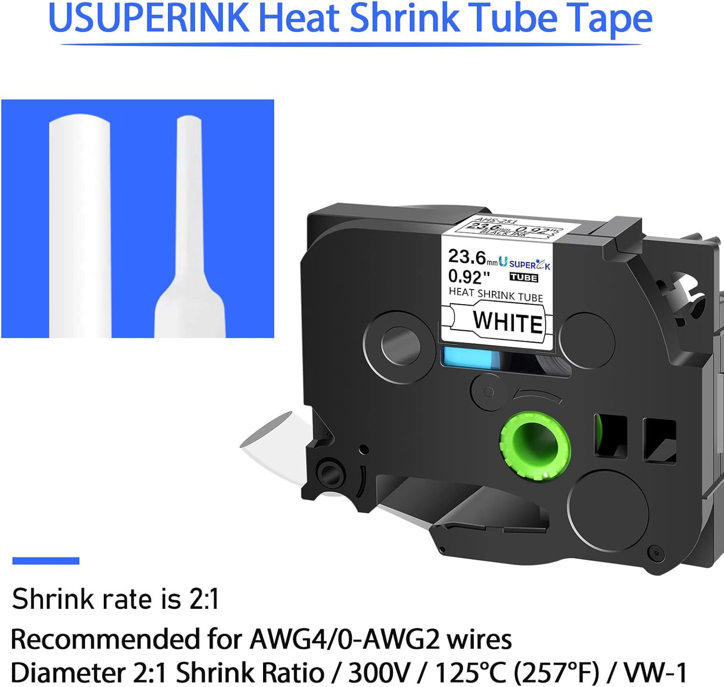 USUPERINK 5PK Compatible for Ptouch HSe-251 HSe251 HS-251 HS251 23.6mm 1 inch Black on White Heat Shrink Tube Label Tape for PT-D600 E500 E500VP E550W PT-P700 PT-P750WVP Label Maker