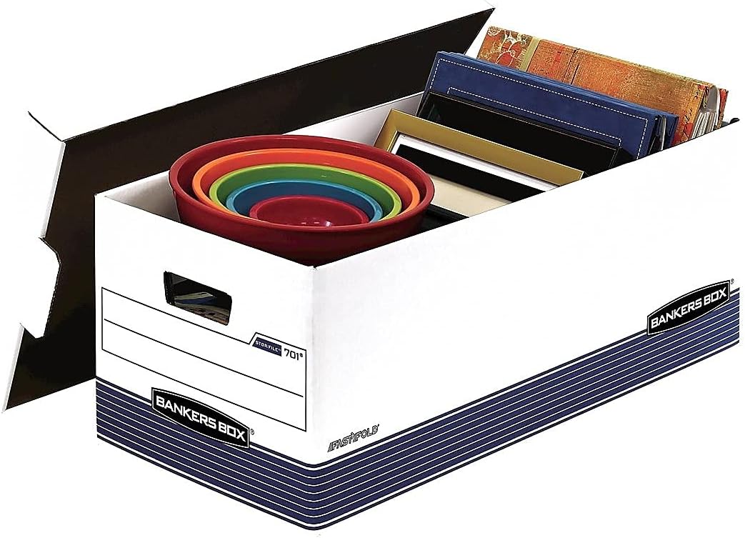 Bankers Box 12 Pack STOR/File Medium-Duty File Storage Boxes, FastFold, Lift-Off Lid, Letter, White/Blue