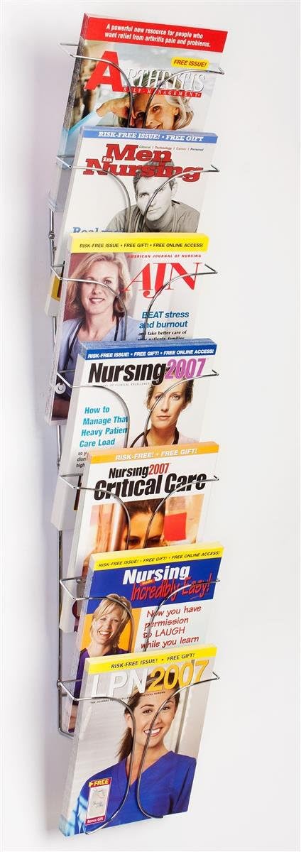 Displays2go Set of 2 - 7-Pocket Wire Magazine Rack with Vertically-Stacked Pockets, Wall Mounted Literature Holder for 8.5x11 Catalogs - Chrome Finish