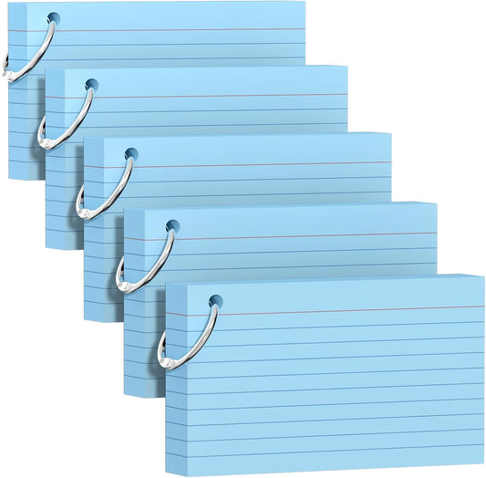 250 Count Blue Index Cards 3x5 Inch with Key Ring, Color Flash Index Card (50 Sheets Each), Durable & Portable Note Taking for Students, Teachers, Study Note Cards for Office Home School