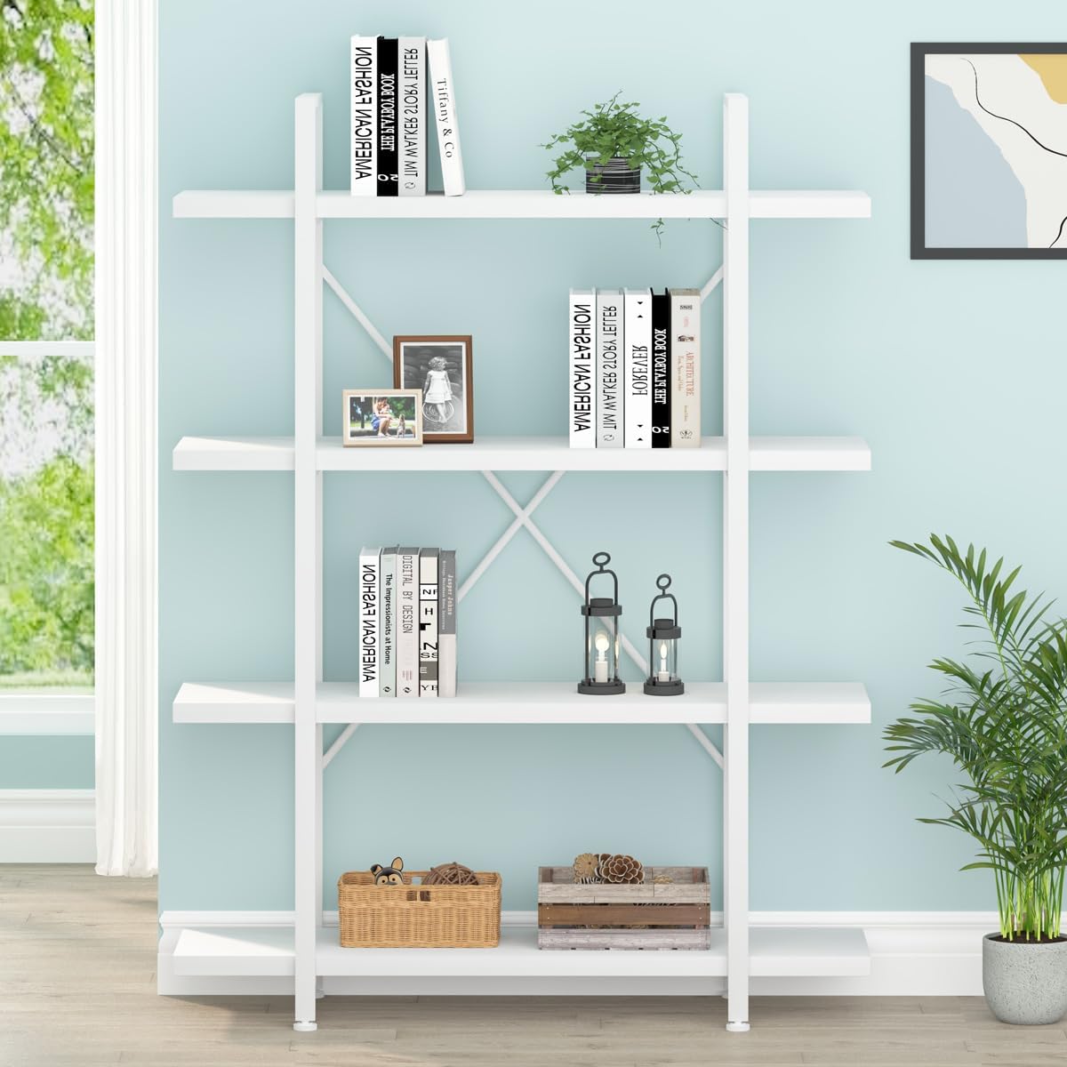 HSH 4 Tier White Bookshelf, Modern 4 Shelf Etagere Bookcase, Industrial Wood and Metal Storage Shelves and Display Book Rack, Farmhouse Open Wide Book Shelf for Bedroom Living Room Office, White Oak
