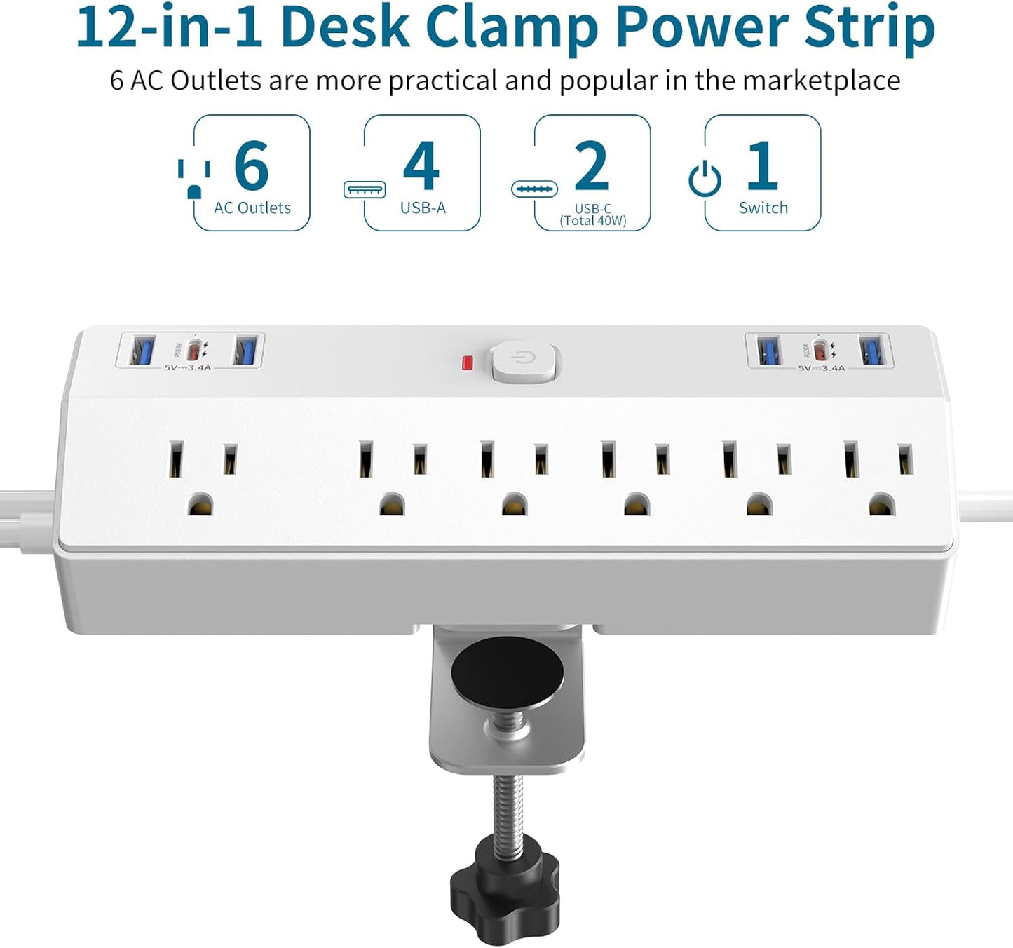 40W Fast Charging Station, Desk Clamp Power Strip, JXGUCAT Removable Desk Clamp Mount Power Strip Surge Protector, 2 USB-C Ports, 6 AC Outlets and 10ft Cord, Fits 1.8" Tabletop Edge