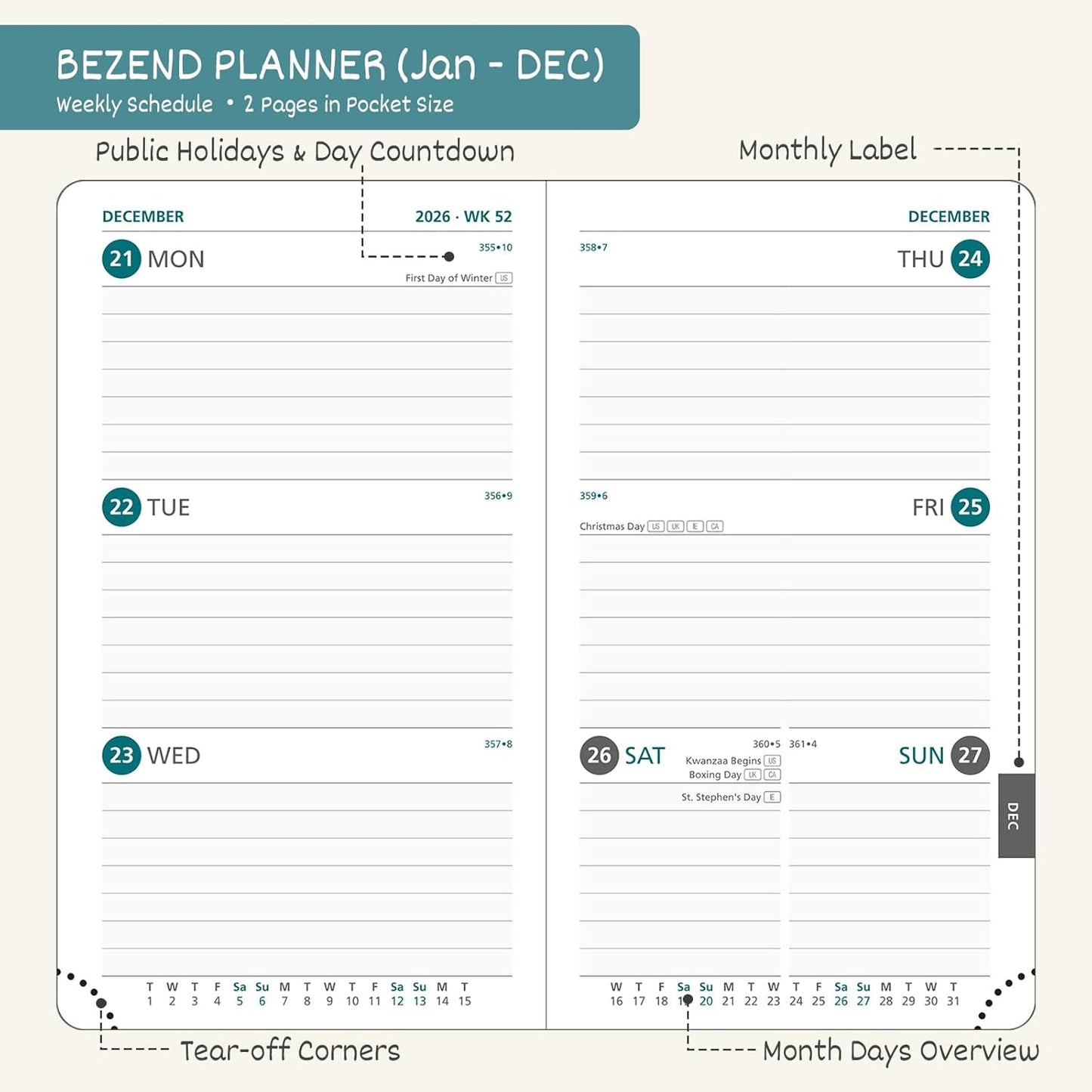 BEZEND Pocket Calendar 2026 Weekly and Monthly (3.5" x 6") Small Daily Planner for Purse (Jan-Dec) with Notes & Expenses, Inner Pocket, Pen Holder, Vegan Leather Hardcover - Red