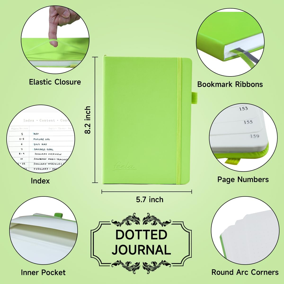 Dotted Journal Kit, Feela Dot Grid Journal Hardcover Planner Notebook Set For Beginners Women Girls Note Taking with Journaling Supplies Stencils Stickers Pens Accessories, A5, 224 Pages, Apple Green
