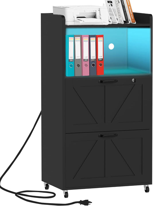 2 Drawer File Cabinet On Wheels & Charging Station, Wood Filing Cabinet with Lock & LED Light, Large Storage Printer Stand for Home Office, Black