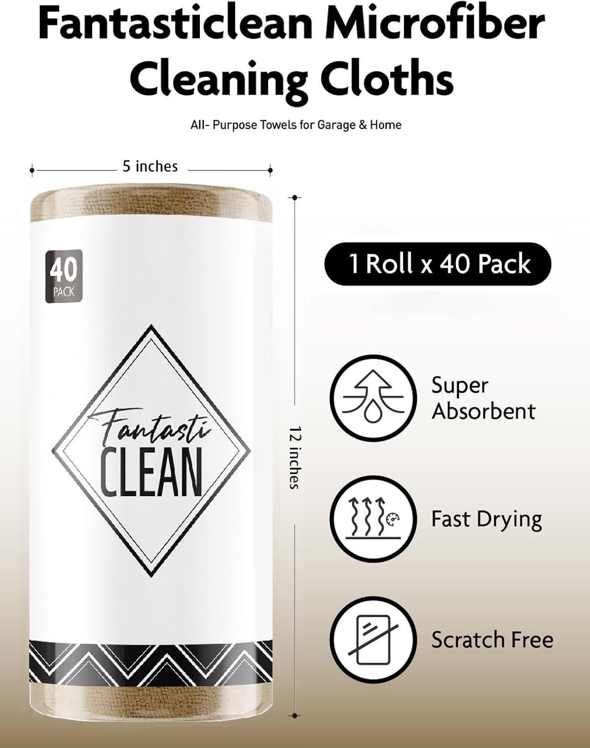 Fantasticlean Microfiber Cleaning Cloth Roll -40 Pack, Tear Away Microfiber Towels, 12" x 12", Reusable, Washable, Scratch Free, Ultra Absorbent Dish Rags for Car, Home, Garage or Shop (TAN)