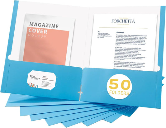 Zzrywuty File Folders with Pockets Letter Size, 50-Pack Paper Folders with Card Slot, Two Pocket Folders for School Students, Businessmen, Home and Office Workers（Light Blue）