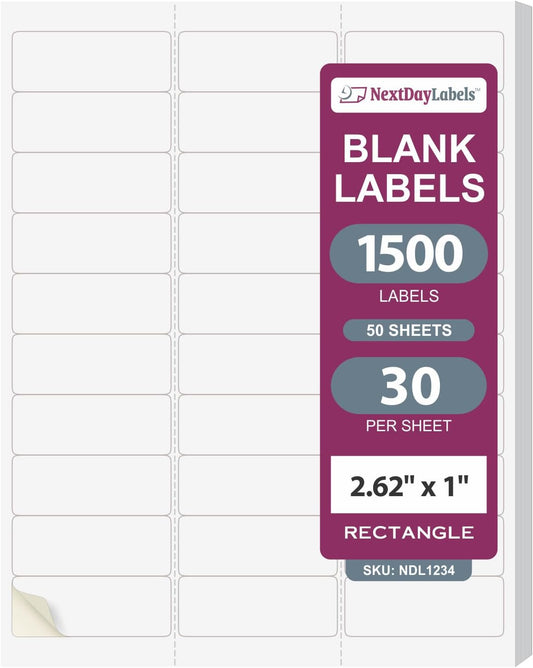 NextDayLabels - 2.5/8" x 1" Rectangular Sticker Labels for Printer - White Laser/Inkjet Printer Labels Return Address Labels Shipping Label Stickers (50 Sheets, 30 Per Sheet, 1500 Labels)