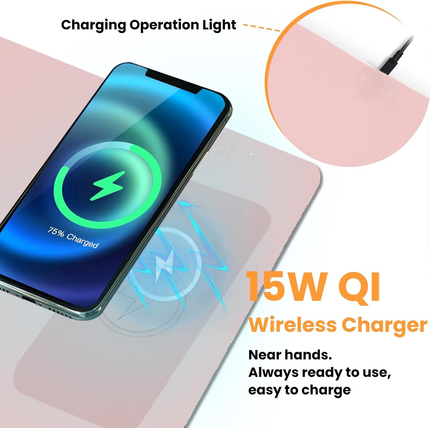 Desk Mat Wireless Charging Mouse Pad Large 32x16 Journey Desk Pad Mat with Wireless Charger Waterproof Pink Leather Computer Mat with Phone Charger Mousepad Non-Slip for Keyboard and Mouse