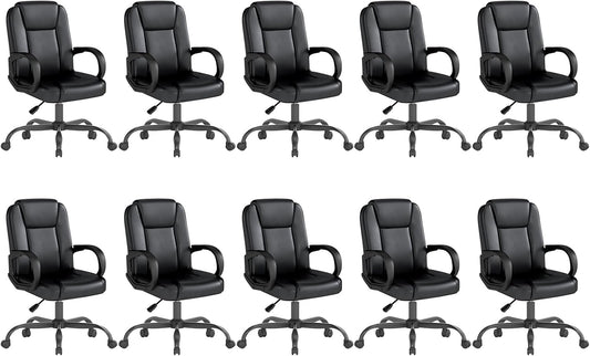 ZZH Executive Office Chair, Leather Desk Computer Chair with Armrests, Mid-Back Swivel Adjustable for Home Office, 10PC, Black
