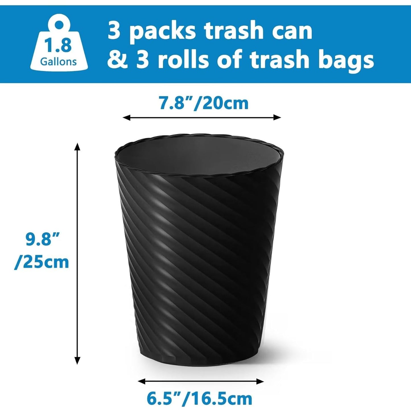 Bathroom Trash Can, 3 Pack 1.8 Gallons Small Trash Can with Trash Bags, Bathroom Garbage Can, Plastic Trash Bin, Round Waste Basket for Bedroom, Office, Kitchen, Room, Compact Space (Black)