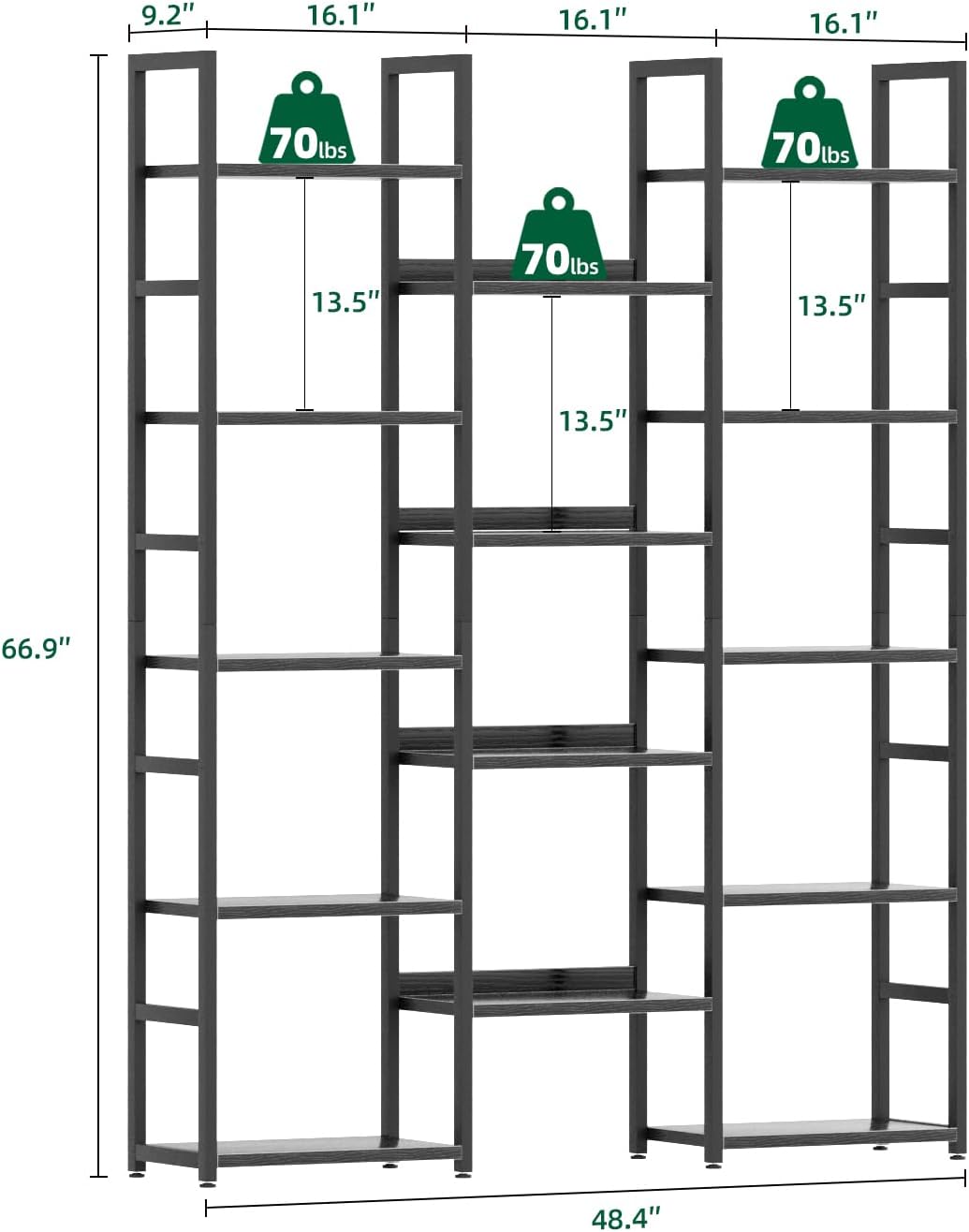 OTK Triple Column 5 Tier Bookshelf, Large Bookcase with 14 Open Display Shelves, Adjustable Industrial Book Shelf with Baffles, Wide Bookshelves for Bedroom, Living Room and Home Office, Black