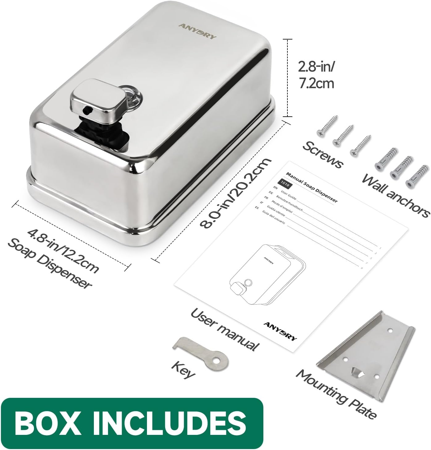 Commercial Wall Mounted Soap Dispenser 37oz 1100ml Large Capacity Polished Stainless Steel Manual Dispenser for High Traffic Restrooms