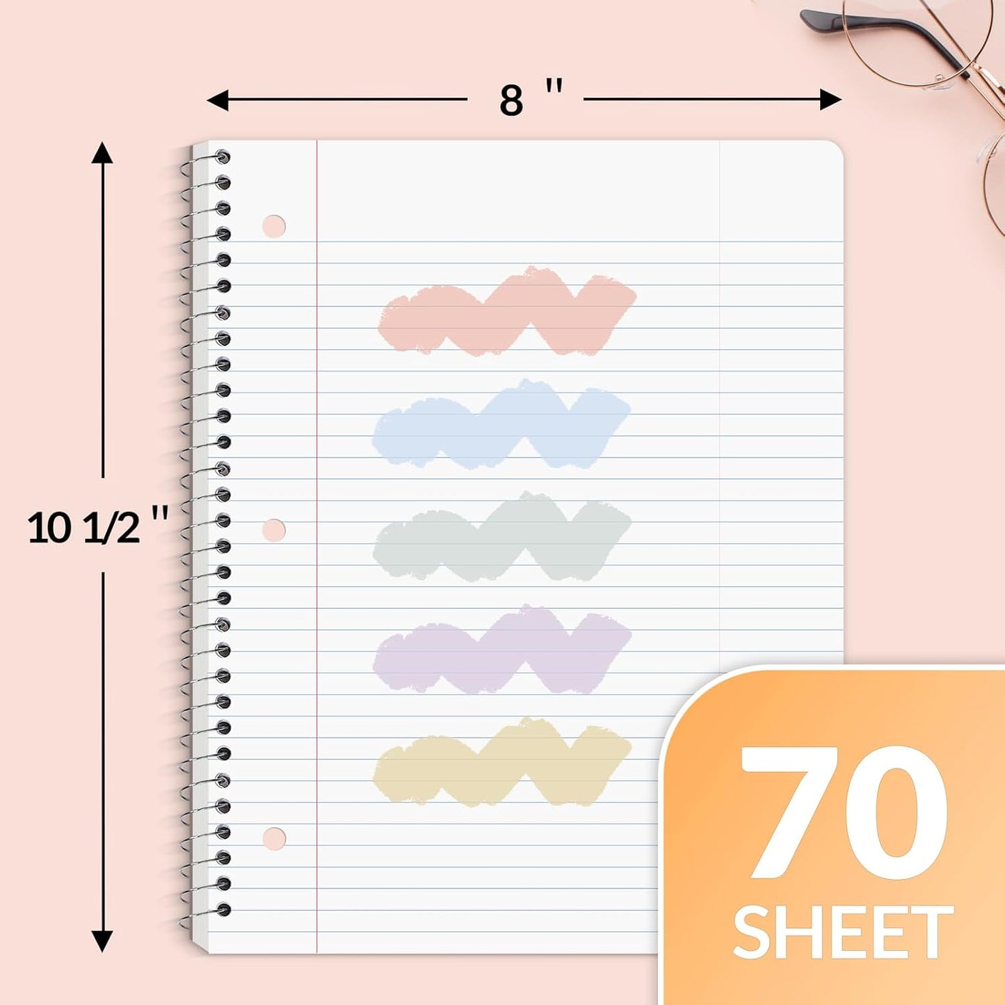 SUNEE Spiral Notebooks, 24 Pack, 1-Subject, College Ruled Paper, 8" x 10-1/2", 70 Sheets per Notebook, Assorted Pastel Colors Spiral Notebooks for School