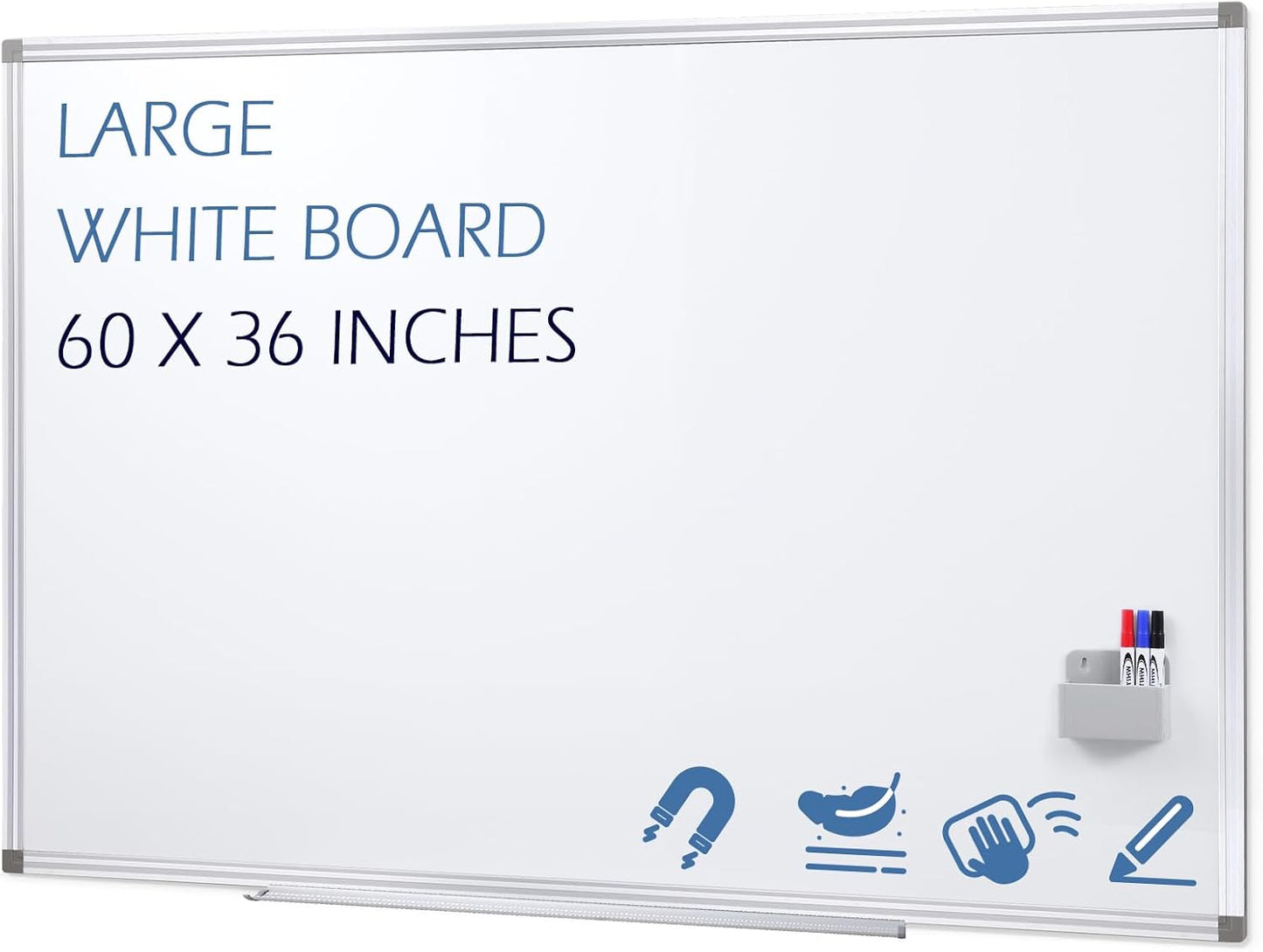 SWANCROWN White Board Dry Erase 60 x 36 Inches, Large Whiteboard for Wall with Thick Aluminum Frame, 5' x 3' Magnetic Whiteboard with Long Marker Tray & Magnetic Pen Holder for Office & Home