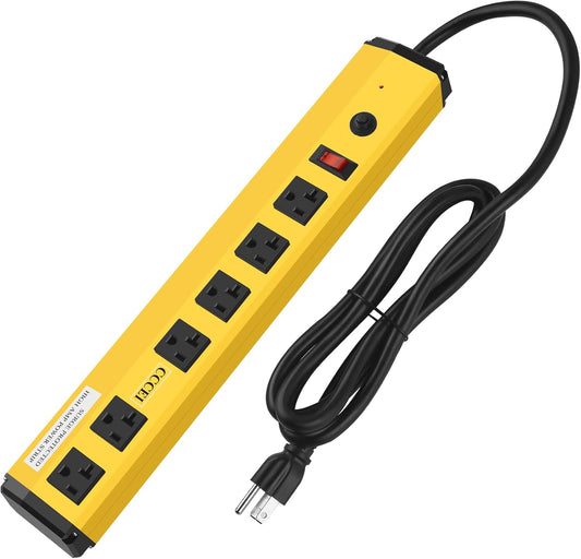 CCCEI Heavy Duty Power Strip Surge Protector 20 Amp, High Amp Industrial Shop Garage Metal Multiple Outlets, 10 FT Yellow Jacket 12 Gauge 5-15P Extension Cord 6 Outlet 6-20R T-Slot 20a for Appliance
