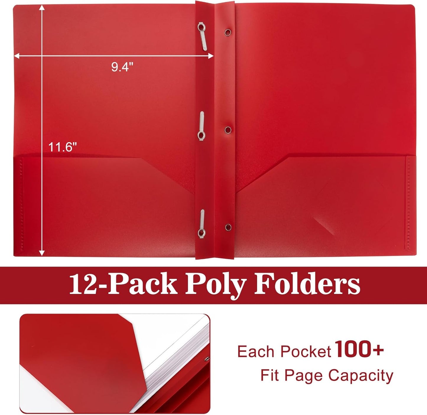 12-Pack Plastic Folders with Pockets and Prongs,2-Pocket Folders with 3 Fasteners, Poly Folders Holds 8-1/2" x 11" Paper for School/Office/Home, Red