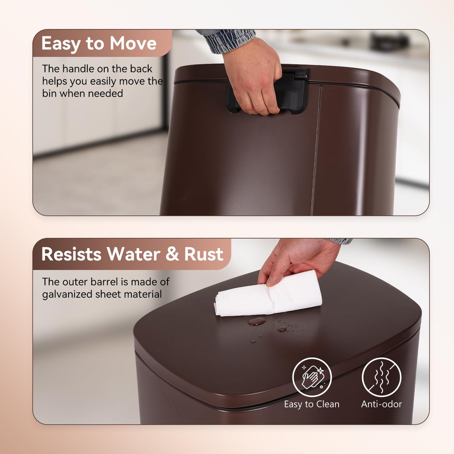 PayLessHere Stainless Steel Trash Can with Lid - Removable Inner Bucket, Foot Pedal Soft Close for Office, Home, Kitchen Garbage Bin (Brown, 13 G)