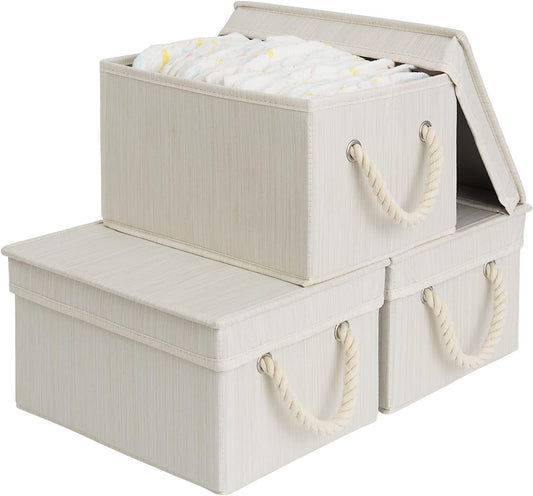 StorageWorks Storage Bins with Lids, Decorative Storage Boxes with Lid and Soft Rope Handles, Foldable Storage Baskets for Closet, Shelves, Stackable, Mixing of Beige, White & Ivory, Medium, 3-Pack