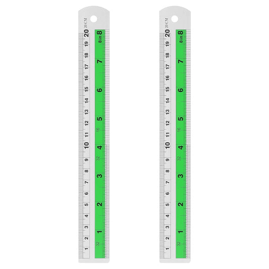 HARFINGTON 2pcs Metal Straight Ruler 20cm Metric SAE Aluminum Alloy Measuring Rulers Scale Tool with Hole for Measure Study Reading Classroom Office, Green