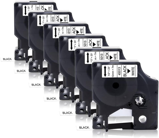 6-Pack 45013 Tape Compatible with Dymo 160 Label Maker Refill 1/2 Inch Black on White D1 Label Tape 45013 a45013 45013s S0720530 for LabelManager 280 160 420P 220P 210D 360D 450D, 23 Feet