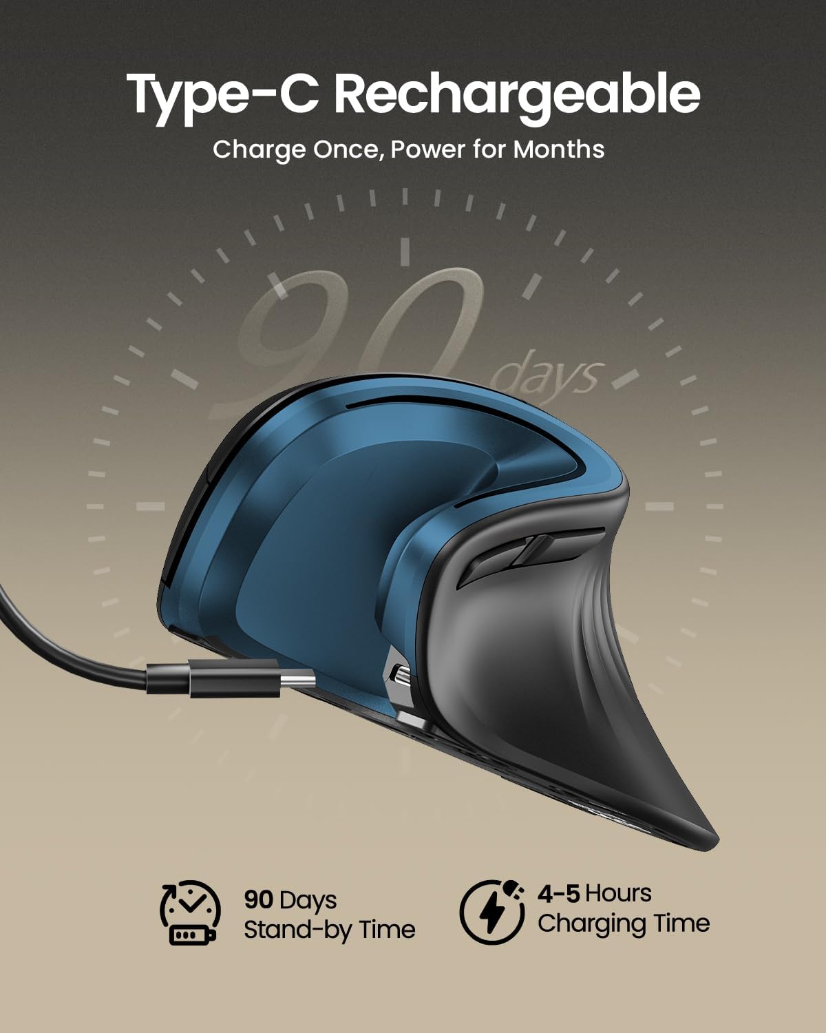 ProtoArc Ergonomic Vertical Mouse, EM11 NL Rechargeable Wireless Mouse Bluetooth, Ergo Mice with 3 Multi-Device for PC/Notebook/Laptop, 2.4GHz Optical Mice for Windows, Mac OS, Blue