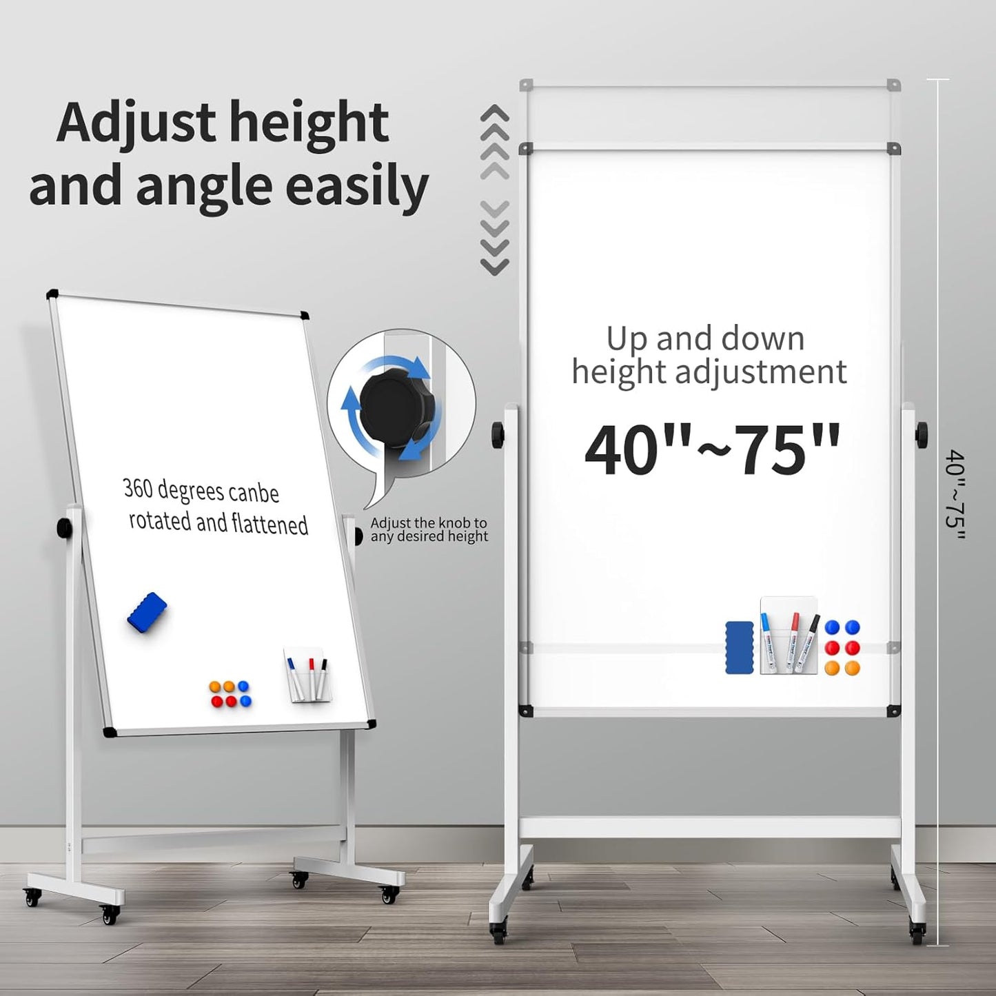 40x28 Inches Mobile Whiteboard, Double Sided Magnetic Dry Erase Board Height Adjustable Whiteboard with Stand for Home Office Classroom