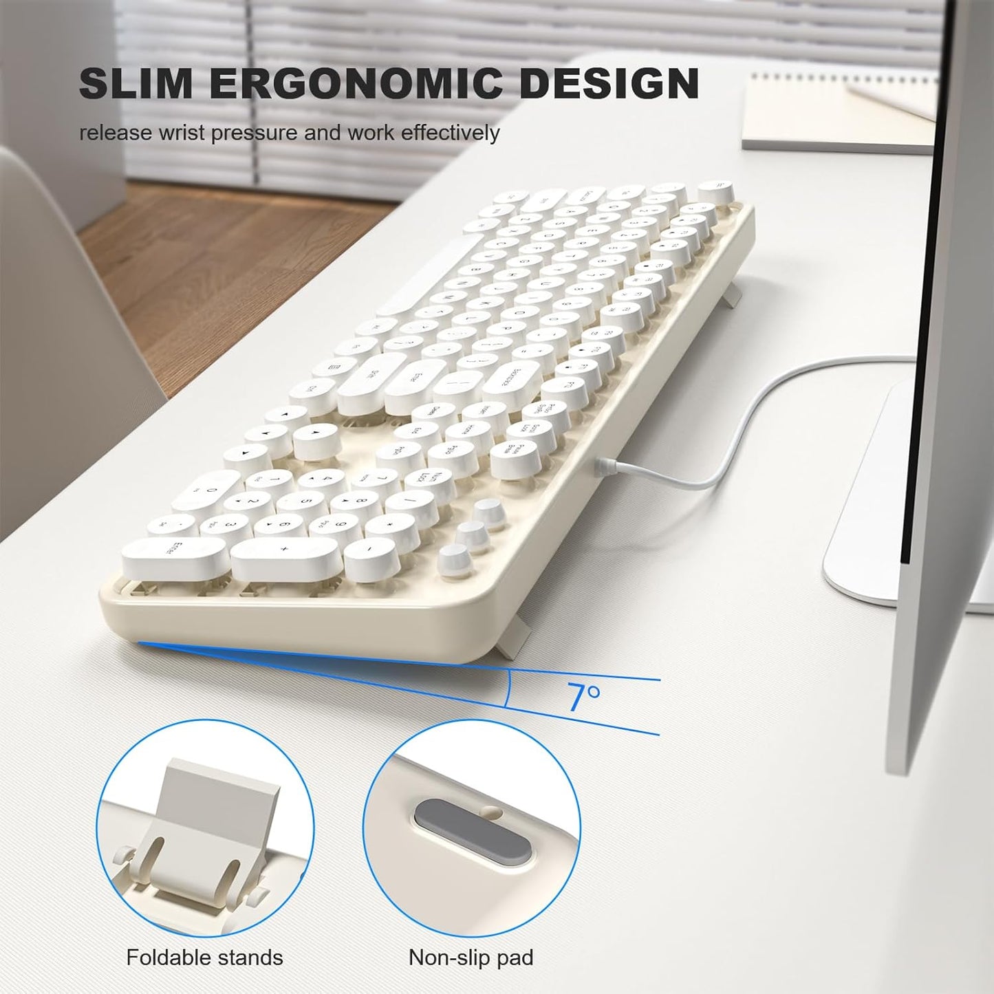 USB Wired Computer Keyboard - Retro Typewriter Keyboard - Full Size Keyboard with Number Pad for PC Laptop Desktop Windows (Creamy White)